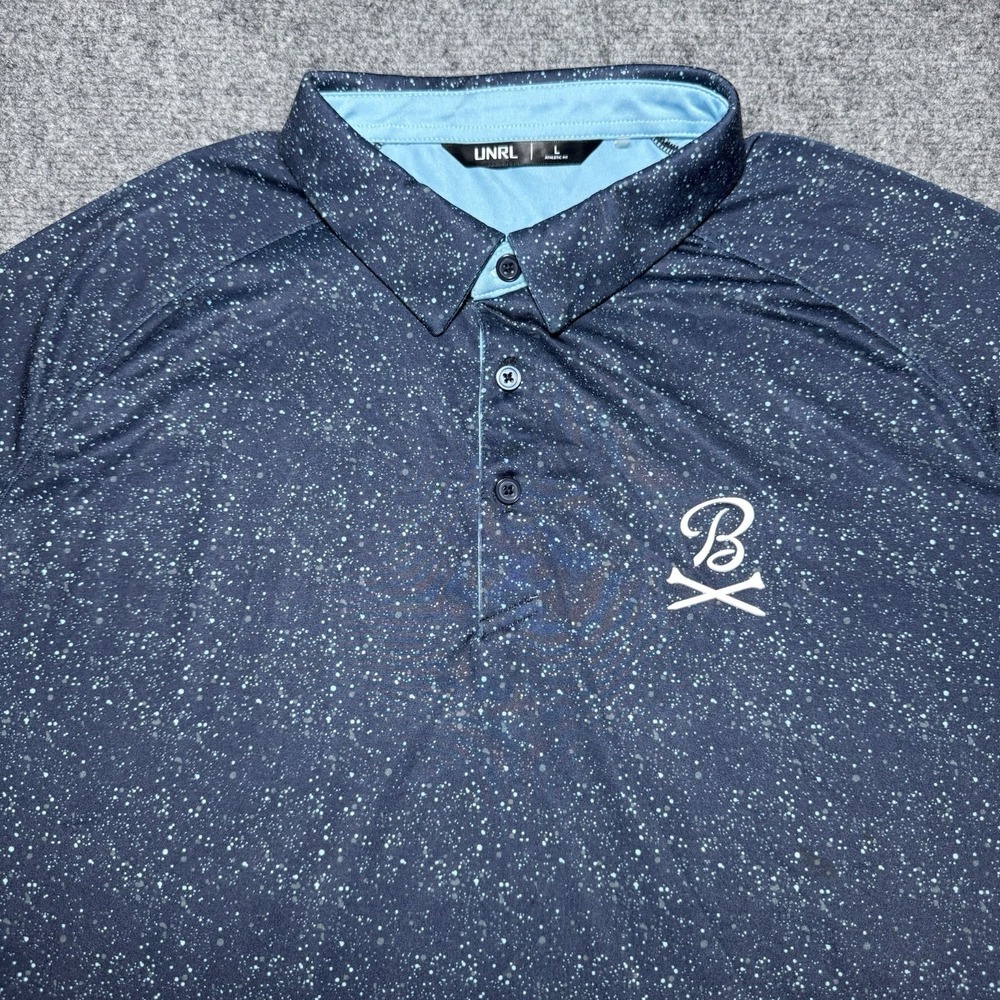 UNRL  Polo Shirt Men L Navy Blue Barstool Sports Logo Performance Dot Splatter